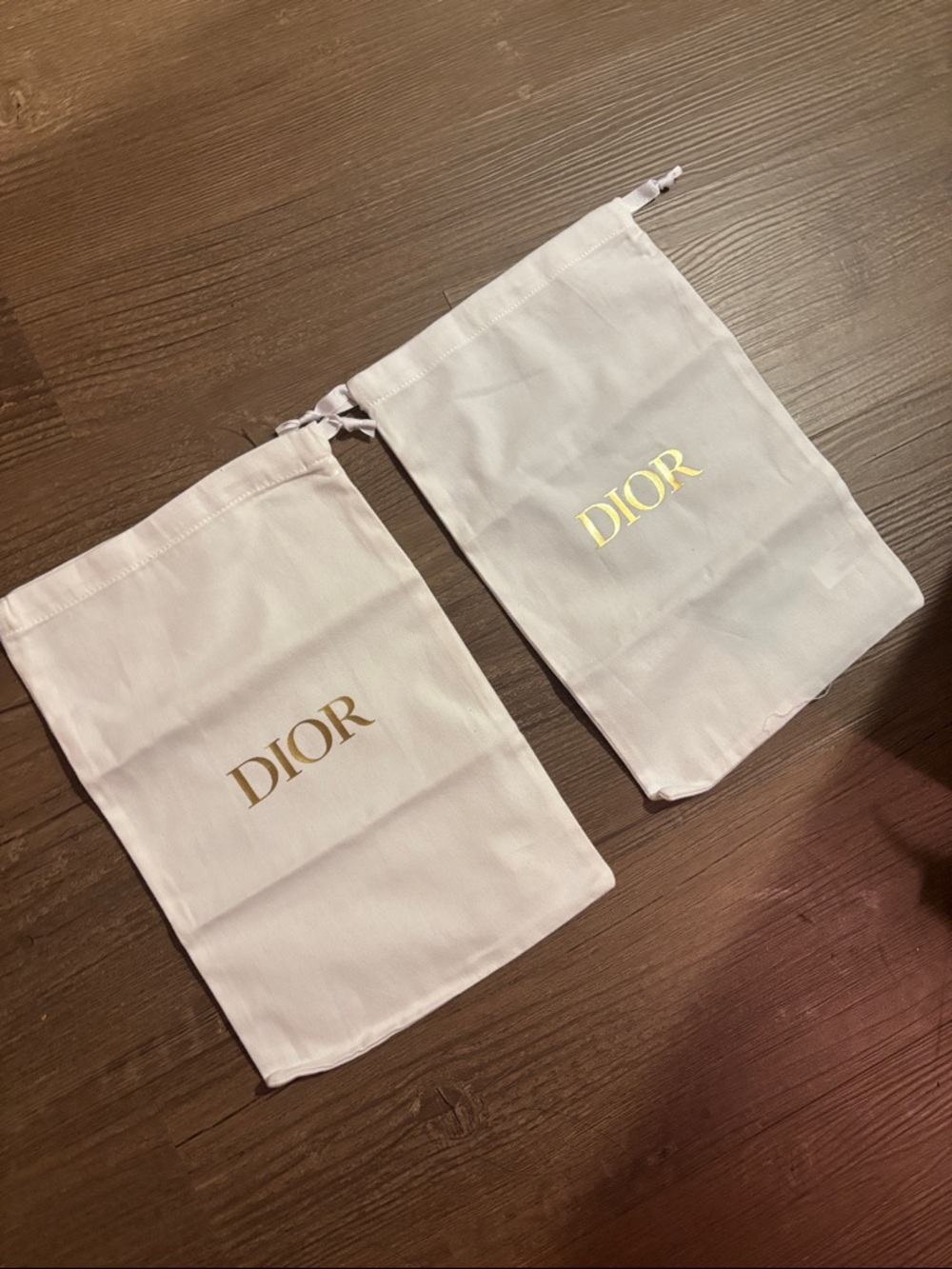 Dior White Drawstring Pouches with Gold Logo (Pair)